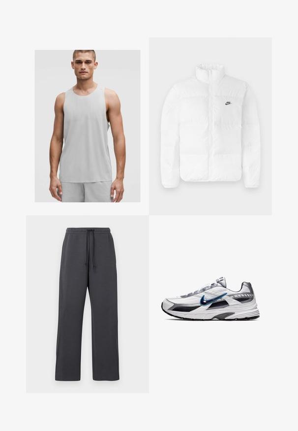 Weiße Puffjacke mit hohem Kragen, Reißverschluss und schwarzem Nike-Logo auf der linken Brust. Glatte Textur, gestepptes Design und gepolstert.; Hellgraues Sport-Top mit rundem Ausschnitt und ärmellosem Design, hergestellt aus einem atmungsaktiven Material mit subtilen Texturdetails.; Graue Jogginghose mit Kordelzug an der Taille, hergestellt aus weichem Stoff. Weites Bein mit Seitennähten, minimalen Akzenten und ohne sichtbare Muster.; Nike-Laufschuh mit einem weißen Mesh-Obermaterial, navyblauen und silbernen Akzenten, strukturierten Überzügen und einer gepolsterten grauen Sohle.