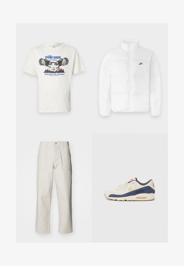 Valge puhvjakas kõrge kraega, lukuga sulgemine ja must Nike logo vasakul rinnal. Üksikasjalik tekstuur, tepitud disain ja polsterdatud.; Valge puuvillane T-särk, mille esiküljel on öökulli graafika, sinise tekstiga "The Volcom Stone" ja allpool sinine tekst "Embrace the Strange".; Heledbeez värvi laiad püksid, mis on valmistatud puuvillast. Omavad esi-taskuid ja nupuga sulgemist. Sile tekstuur, millel on õrnad vertikaalsed jooned.; Kreem nahk ja tumesinise nubukiga ülaosa, millel on nähtav õhksool, beež kummist välistald ja punane aktsent kanna peal.