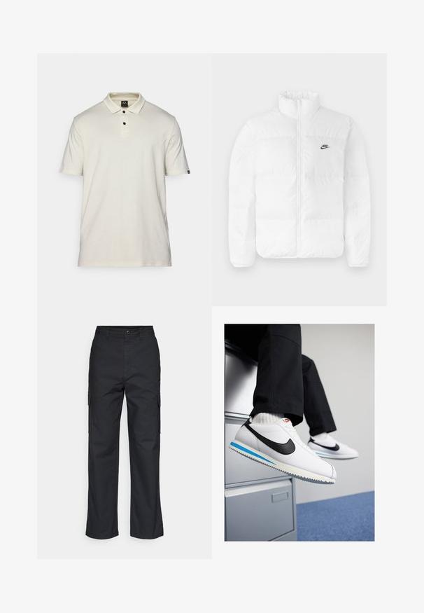 Hvit pufferjakke med høy krage, glidelås og svart Nike-logo på venstre bryst. Glatt tekstur, quiltet design og polstret.; Kortermet polo skjorte i lys beige bomull, med klassisk krage, tre-knaps placket, og en liten logo på venstre erm.; Svart cargo-bukser med rett ben-design, har side-lommer og en teksturert stoff. Knapplukking i midjen for en sikker passform.; Hvite lær sneakers med en svart Nike swoosh, lys blå og grå gummisåle, og klassisk snøring. Føttene hviler på et arkivskap.