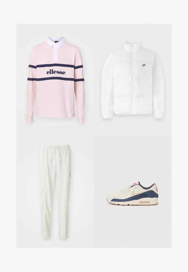 Balta pūkainā jaka ar augstu apkakli, ar rāvējslēdzēju un melno Nike logo kreisajā krūšu daļā. Gluda tekstūra, piesūcināts dizains un polsterējums.; Gai rozā garām piedurknēm polo krekls ar baltu apkakli, kuram ir tumši zila horizontāla svītra un "ellesse" logo melnā krāsā krūtīs.; Baltas slaida griezuma bikses ar elastīgu jostu un auklu, ar sānu šuvēm un mazu melnu uzlīmi labajā kājā.; Apavi ar krēmīgu ādas un tumši zilu zamša augšdaļu, ar redzamu gaisa zoli, bēša gumijas zoli un sarkanu akcentu uz papēža.