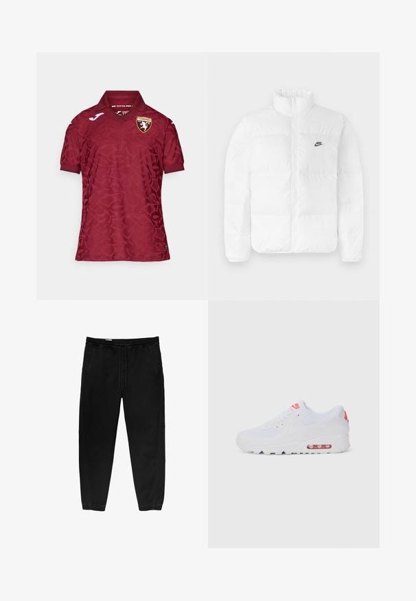 Valkoinen puffatakki, jossa on korkea kaulus, vetoketjusuljenta ja musta Nike-logo vasemmassa rinnassa. Sileä pinta, tikattu muotoilu ja pehmustettu.; Punainen paita, jossa on hienovarainen tekstuurikuvio, klassinen kaulus ja Torino FC -logo rinnassa. Lyhyet hihat ja hengittävä kangas.; Mustat joustavat vyötäröhousut, joissa on nyöri, kapenevat lahkeet, sivutaskut ja hienovaraiset sivustikkaukset. Pehmeä puuvillakangas.; Valkoinen urheilujalkine, jossa on sileä päällinen, nauhakiinnitys, pehmustettu pohja ja näkyvä ilmayksikkö, jossa on punaisia yksityiskohtia brändissä.
