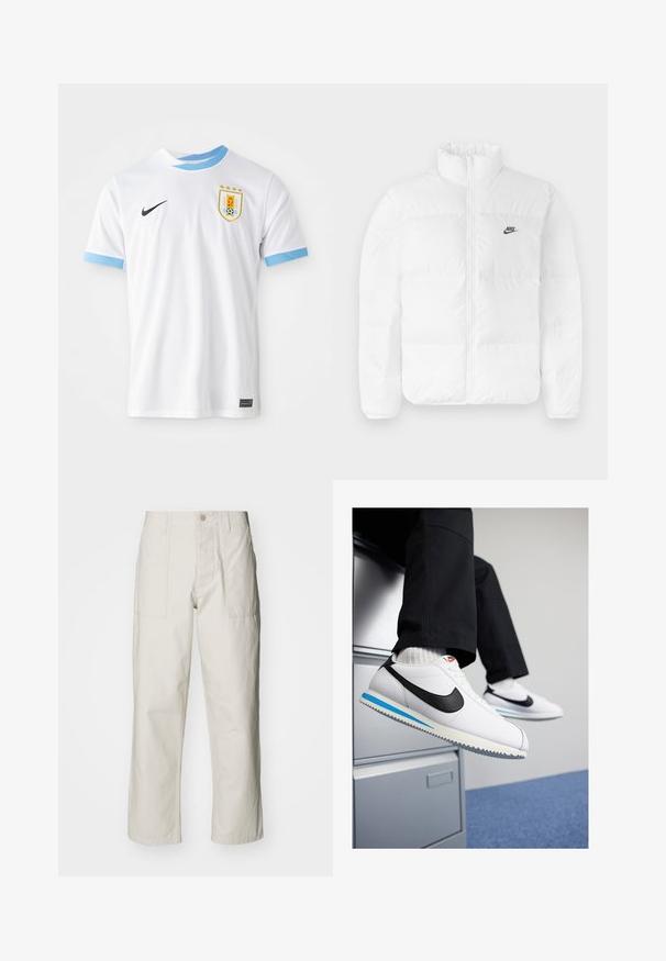 Veste en duvet blanche avec un col haut, fermeture zippée et logo Nike noir sur la poitrine gauche. Texture lisse, design matelassé et rembourrée.; Maillot de football Nike blanc avec des accents bleu clair sur le col et les manches. Présente un badge avec un blason et trois étoiles au-dessus.; Pantalons larges beige clair en coton. Dotés de poches avant et d'une fermeture à bouton. Texture lisse avec de légères lignes verticales.; Baskets en cuir blanc avec un logo Nike en swoosh noir, semelle en caoutchouc bleu clair et gris, et design classique à lacets. Pieds reposant sur un cabinet de rangement.
