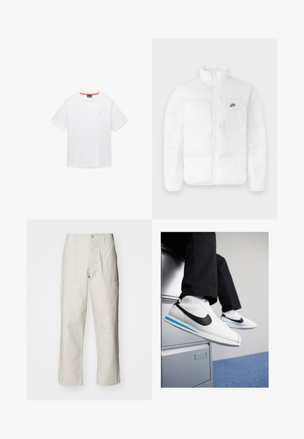 Hvid pufferjakke med høj krave, lynlås, og sort Nike-logo på venstre bryst. Glat tekstur, quiltet design og polstret.; Hvid bomuld T-shirt med rund halsudskæring, korte ærmer og et lille logo på brystet. Har kontrastfarvet orange kant indvendigt i kraven.; Lysebeige brede bukser lavet af bomuld. Har forlommer og en knaplukning. Glat tekstur med subtile lodrette linjer.; Hvide lædersneakers med et sort Nike-swoosh, lys blå og grå gummisål samt klassisk snørebånd-design. Fødderne hviler på et arkivskab.