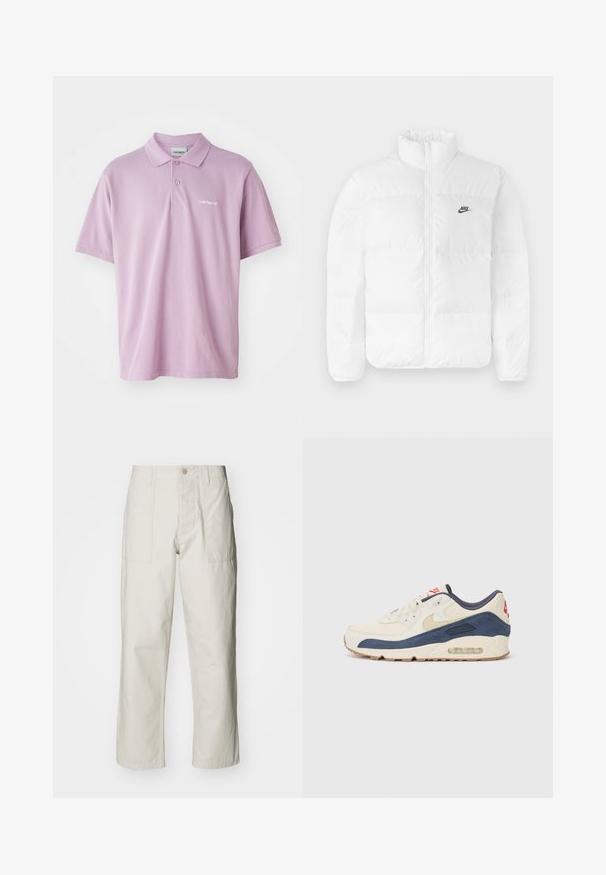Bílá péřová bunda s vysokým límcem, zipovým uzávěrem a černým logem Nike na levé hrudi. Hladká textura, prošívaný design a polstrovaná.; Světle fialová polo košile s třemi knoflíky, krátkými rukávy a malým bílým vyšitým logem na hrudi. Bavlněný materiál.; Světle béžové kalhoty s širokými nohavicemi vyrobené z bavlny. Obsahují přední kapsy a zapínání na knoflík. Hladký povrch s jemnými vertikálními pruhy.; Tenisky s krémovým koženým svrškem a námořnickým semišem, s viditelnou vzduchovou podrážkou, béžovou gumovou podešví a červeným akcentem na patě.
