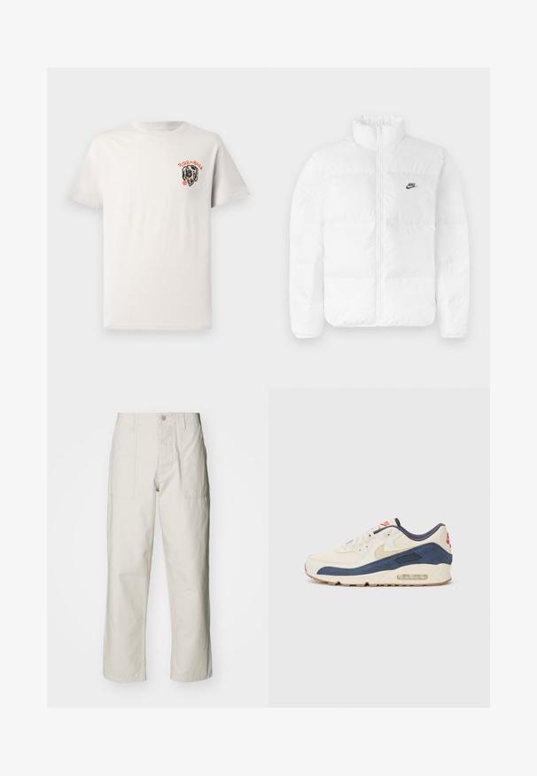 Bílá péřová bunda s vysokým límcem, zipovým uzávěrem a černým logem Nike na levé hrudi. Hladká textura, prošívaný design a polstrovaná.; Světlý béžový bavlněný tričko s kulatým výstřihem, krátkými rukávy a grafickým motivem černého psa s nápisem "RIDE the RAILS" v oranžovém písmu.; Světle béžové kalhoty s širokými nohavicemi vyrobené z bavlny. Obsahují přední kapsy a zapínání na knoflík. Hladký povrch s jemnými vertikálními pruhy.; Tenisky s krémovým koženým svrškem a námořnickým semišem, s viditelnou vzduchovou podrážkou, béžovou gumovou podešví a červeným akcentem na patě.