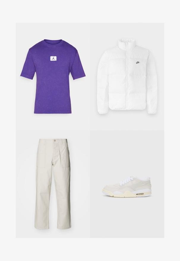 Hvit pufferjakke med høy krage, glidelås og svart Nike-logo på venstre bryst. Glatt tekstur, quiltet design og polstret.; Lilla bomull t-skjorte med rund hals, korte ermer og strukturert finish. Har et lite hvitt logo-patch på fronten.; Lyse beige vide bukser laget av bomull. Har frontlommer og knappelukking. Jevn tekstur med subtile vertikale linjer.; Sko med lyst beige syntetisk overdel, hvite lisser og synlig demping. Har en jevn såle og subtile sideakenter.