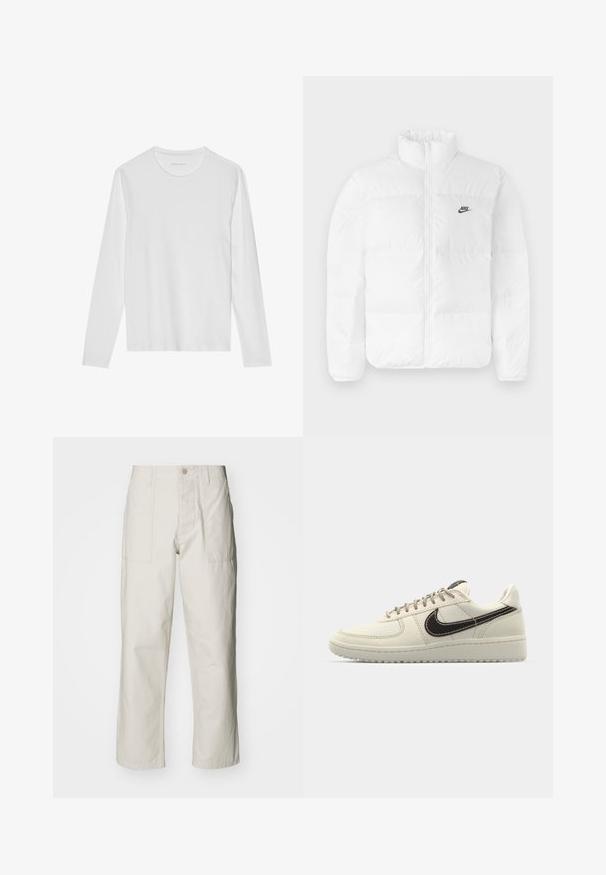 Bílá péřová bunda s vysokým límcem, zipovým uzávěrem a černým logem Nike na levé hrudi. Hladká textura, prošívaný design a polstrovaná.; Bílé tričko s dlouhým rukávem z měkké bavlny, s kulatým výstřihem a hladkou texturou bez viditelných vzorů nebo ozdob.; Světle béžové kalhoty s širokými nohavicemi vyrobené z bavlny. Obsahují přední kapsy a zapínání na knoflík. Hladký povrch s jemnými vertikálními pruhy.; Beige kožené tenisky s bílou gumovou podešví, s tmavohnědým logem, šitými detaily a šedými tkaničkami.