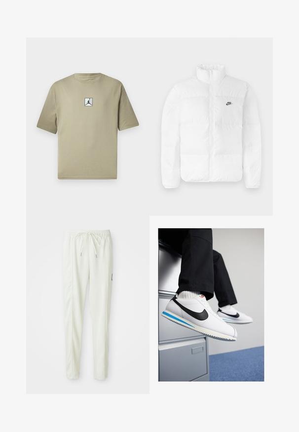 Balta pūkinė striukė su aukštu apykakle, užtrauktuku ir juodu Nike logo kairėje krūtinėje. Lygi tekstūra, kvadratų dizainas ir paminkštinta.; Kaki spalvos medvilninė marškinė su trumpomis rankovėmis, su mažuoju juodu Jordan logotipu baltame kvadre priekyje. Paprastas dizainas ir laisvas siluetas.; Baltos lieknos jogger kelnes su elastinga juosta ir raišteliu, turinčios šonines siūles ir mažą juodą emblemą dešinėje kojoje.; Baltos odinės sportbačiai su juodu Nike logotipu, šviesiai mėlyna ir pilka guma padais bei klasikiniu raištelių dizainu. Kojos remiasi į dokumentų spintą.