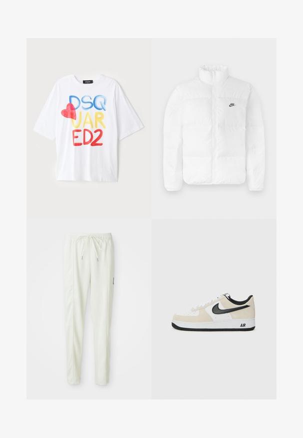 Vit puffjacka med hög krage, dragkedjestängning och svart Nike-logga på vänster bröst. Slät textur, kviltad design och vadderad.; Vit t-shirt med kort ärm med färgglad text: "DSQ JAR ED2" i blått, gult och rött, med en röd hjärtaccent. Tillverkad av bomulls fabric.; Vita slim-fit joggerbyxor med elastisk midja och dragsko, med sidofickor och en liten svart patch på höger ben.; Sneakers med en ljus beige mocka och vit läderöverdela, svart Nike swoosh, svarta detaljer och en vit gummisula med "AIR"-branding.