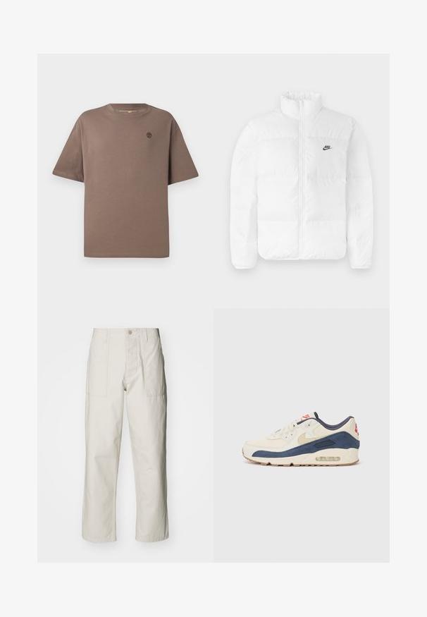 Balta pūkinė striukė su aukštu apykakle, užtrauktuku ir juodu Nike logo kairėje krūtinėje. Lygi tekstūra, kvadratų dizainas ir paminkštinta.; Rudas medvilninis marškinėlis su apvalia iškirpte ir trumpomis rankovėmis, su mažu logotipu ant krūtinės, glotni tekstūra ir laisvas siluetas.; Šviesiai pilki plačius kelnes, pagamintas iš medvilnės. Yra priekinės kišenės ir mygtuko uždarymas. Lygus paviršius su subtiliomis vertikaliomis linijomis.; Bėgimo bateliai su kreminės odos ir tamsiai mėlyno zomšo viršutine dalimi, turintys matomą oro padą, smėlio spalvos guminiu padu ir raudonu akcentu ant kulno.