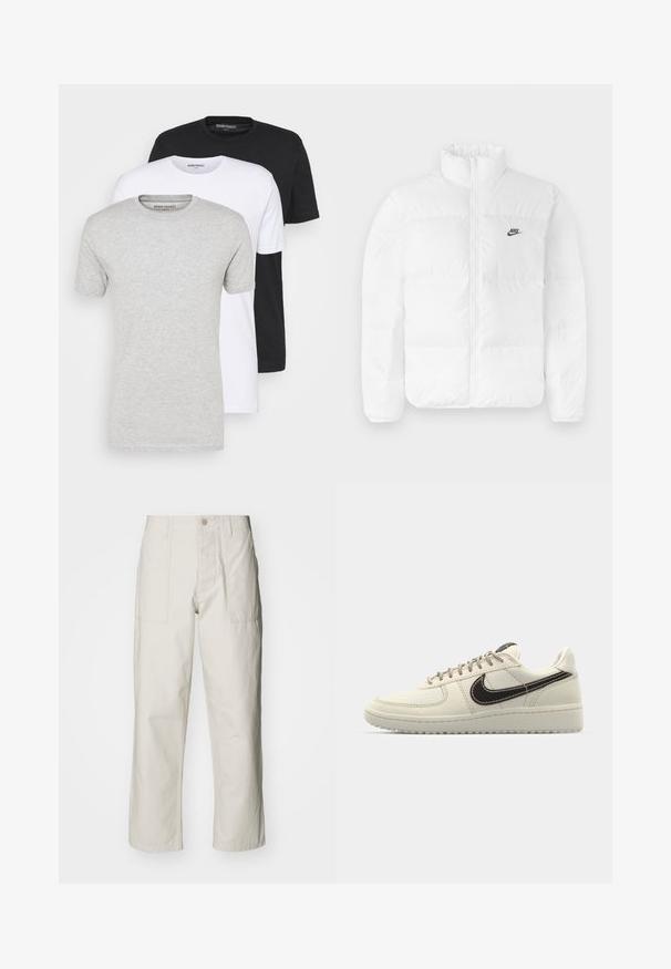 White puffer jacket with a high collar, zip closure, and black Nike logo on the left chest. Smooth texture, quilted design, and padded.; Three short-sleeved t-shirts in black, white, and grey. Round necklines, soft cotton fabric. Simple design with no patterns or accents.; Light beige wide-leg pants made of cotton. Features front pockets and a button closure. Smooth texture with subtle vertical lines.; Beige leather sneakers with a white rubber sole, featuring a dark brown swoosh, stitched details, and gray laces.