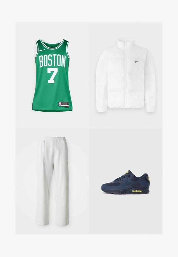 Biała kurtka puchowa z wysokim kołnierzem, zapięciem na zamek oraz czarnym logo Nike na lewym piersi. Gładka tekstura, pikowany wzór i ocieplenie.; Zielona koszulka koszykarska z białymi literami. Zawiera napis "BOSTON" oraz numer "7". Wykonana z oddychającego materiału siatkowego, z logo Nike i metką.; Białe, casualowe spodnie z elastycznym pasem i dużymi kieszeniami naszytymi z przodu, prezentowane na jednolitym jasnym tle.; Granatowe sneakersy Nike Air Max z cholewką z zamszu i siateczki, z żółtymi akcentami, sznurowanym przodem oraz widoczną poduszką powietrzną w podeszwie.