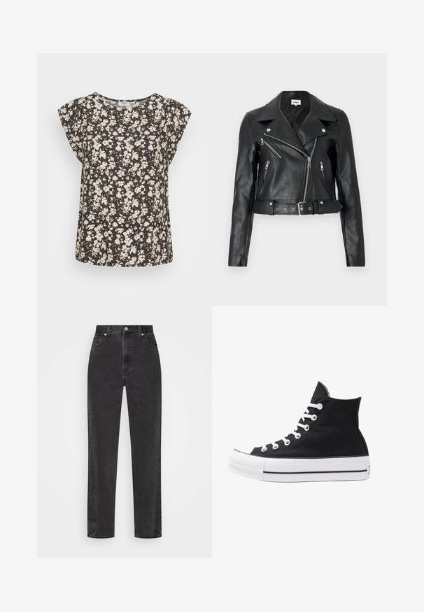 Casaco cropped de couro preto com um colarinho largo, fecho frontal assimétrico e cinto. Apresenta vários bolsos com fecho éclair e metal prateado.; T-shirt de mangas curtas em tecido escuro com um padrão floral branco, decote redondo e corte solto para conforto e facilidade de movimento.; Jeans de ganga preta com pernas retas, cintura alta, com botão e fecho de correr à frente, e estilo de cinco bolsos, num fundo branco.; Shoe de lona preta de cano alto com ilhós, atacadores e sola de borracha brancos. Apresenta um bico texturizado e detalhes em riscas preta e branca.