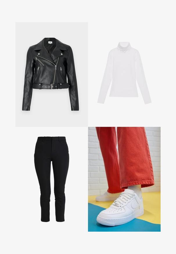 Casaco cropped de couro preto com um colarinho largo, fecho frontal assimétrico e cinto. Apresenta vários bolsos com fecho éclair e metal prateado.; Camisola de gola alta de mangas longas, feita de um tecido liso e elástico. Apresenta um colarinho alto e um design ajustado, sem padrões ou adornos visíveis.; GAP ANKLE - Calças - true black; Sapatilha de couro branca com biqueira perfurada, sola texturizada e atacadores brancos, combinada com calças largas vermelhas e um fundo azul e amarelo.