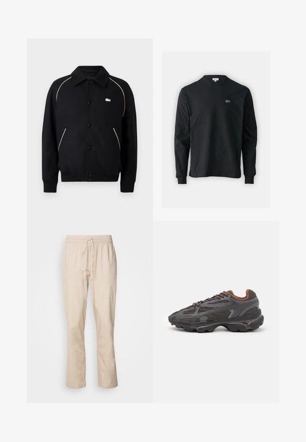 Zwarte button-up jas met een kraag, voorzien van beige biesjes langs de schouders en een klein geborduurd logo op de linkerborst.; Zwarte longsleeve t-shirt van katoen, met een ronde halslijn en een klein groen geborduurd krokodillenlogo op de linkerborst.; Beige broek met een relaxte pasvorm, elastische tailleband en trekkoord. Gladde textuur, iets taps toelopende pijp en geen zichtbare patronen of hardware.; Lacoste sneakers in donkergrijs van mesh en synthetisch materiaal, met een gestructureerde zool en bruine accenten op de kraag en branding.