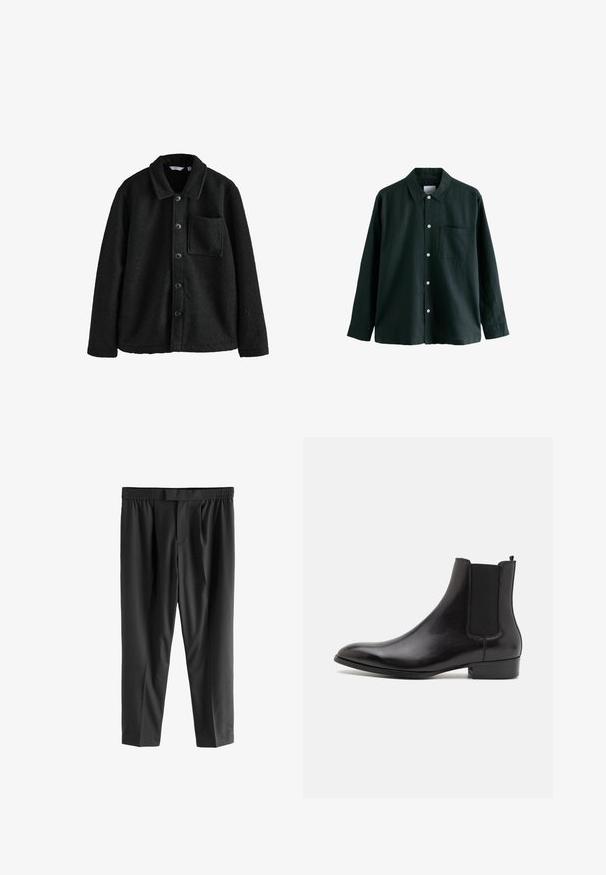 Melns vilnas krekls ar apkakli, priekšējo pogu aizdari un vienu krūšu kabatu. Mīksta tekstūra un silta sajūta. Piemērots kārtotiem apģērbiem.; Tumši zaļš krekls ar apkakli, garām piedurknēm un vienu krūšu kabatu; ir baltas pogas un maiga tekstūra.; Next REGULAR FIT -CHECK SMART - Chinos tipa bikses - black; ALDO BERT - Klasiski puszābaki - black