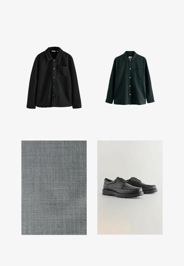 Giacca camicia in pile nera con colletto, chiusura frontale a bottoni e una tasca sul petto. Tessuto morbido e piacevole al tatto. Adatta per outfit a strati.; Camicia button-up verde scuro con colletto, maniche lunghe e una tasca sul petto; presenta bottoni bianchi e una consistenza morbida.; Tessuto grigio con un motivo a trama texturizzata. La superficie è liscia, con leggere variazioni di tonalità e una fine struttura a griglia.; Scarpe in pelle nera con tomaia texturizzata, punta tonda, design con lacci e suole spesse in gomma con un motivo di battistrada.