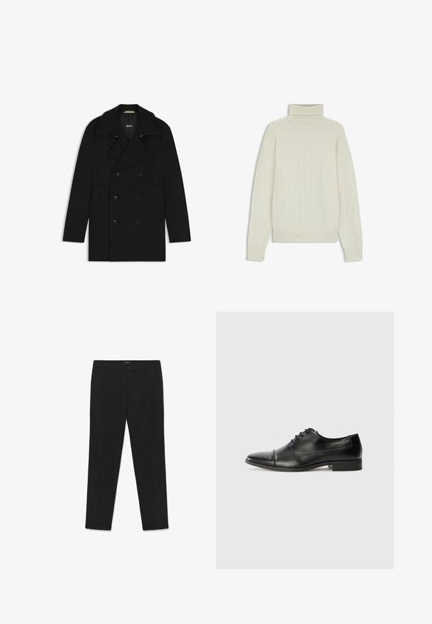 Mustat kaksiriviset takki, jossa on kauluskynnys, sivutaskut ja nappisuljenta, valmistettu sileästä, teksturoidusta kankaasta. Brändin logo näkyvissä sisäpuolella.; Kerman turtleneck-pullovers, joissa on teksturoitu herringbone-kuvio, ribatut hihansuut ja helma, pehmeästä neuleesta valmistettu, rento istuvuus.; Mustat housut, jotka on valmistettu sileästä kankaasta. Niissä on kapea istuvuus, litteä etuosa, kaksi sivutaskua ja vyötäröllä nappikiinnitys.; Mustat nahkakengät, joissa on terävä kärki, nauhat ja hienovaraiset ompeluyksityiskohdat. Varustettu matalalla palkeilla ja sileällä kiiltävällä pinnalla.