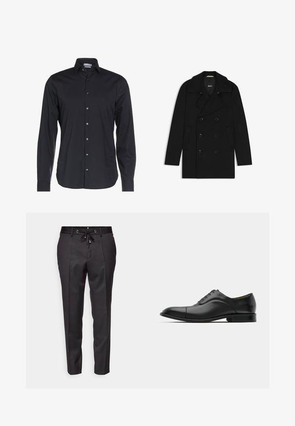 Mustat kaksiriviset takki, jossa on kauluskynnys, sivutaskut ja nappisuljenta, valmistettu sileästä, teksturoidusta kankaasta. Brändin logo näkyvissä sisäpuolella.; Mustat pitkähihaiset paita, joka on valmistettu sileästä kankaasta. Varustettu napillisella kauluksella, etupainikkeilla ja hienovaraisella logolla rinnassa.; Musta muotitettu housut, joissa on narulla säädettävä vyötärö, laskostettu etuosa ja käänteet. Valmistettu sileästä kankaasta, jossa on jämäkkä istuvuus.; Musta nahkakengät, jossa on sileä pinta, pyöreä kärki ja viisi reikää nauhoja varten. Ominaisuuksiin kuuluu matala pinottu korko ja hillitty saumarakenne.