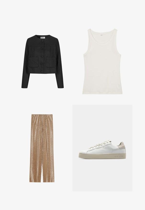 Melna īsā jaka ar teksturētu audumu, apaļu apkakli, priekšējo pogu aizdari un divām kabatām uz priekšpuses.; Balta kokvilnas topiņa ar platu kakla izgriezumu un plānām plecu lencēm. Gluda tekstūra bez redzamām apdrukām vai rotājumiem.; Gaiši brūnas plisētas bikses, kas izgatavotas no spīguļojoša auduma, ar teksturētu zigzaga rakstu un elastīgu jostu komfortam.; Baltas ādas sporta apavi ar gludu virsmu, bēšas zamša akcenti, apaļa pirksta forma, plakans šņorēšanas dizains un tekstūrota gumijas zole.