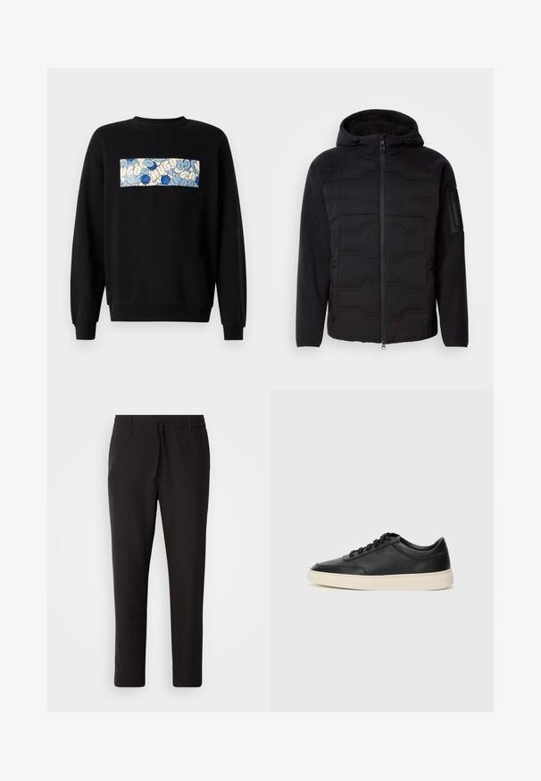 Fekete kapucnis dzseki steppelt elülső résszel, gyapjú ujjakkal és bélésével, elöl zippzárral és cipzáras zsebbel a bal ujján.; Fekete pulóver, melynek középső téglalap alakú paneleként kék és fehér absztrakt minta díszíti. Bordás mandzsetta és szegély biztosítja a formát.; Fekete jogger nadrág sima anyagból. Rugalmas derekú, húzózsinórral, tapered lábakkal és látható zsebek nélkül készül. Egyszerű dizájn.; Fekete, alacsony szárú bőrsneaker fekete fűzőkkel és törtfehér talppal, oldalnézetben, fehér háttér előtt.