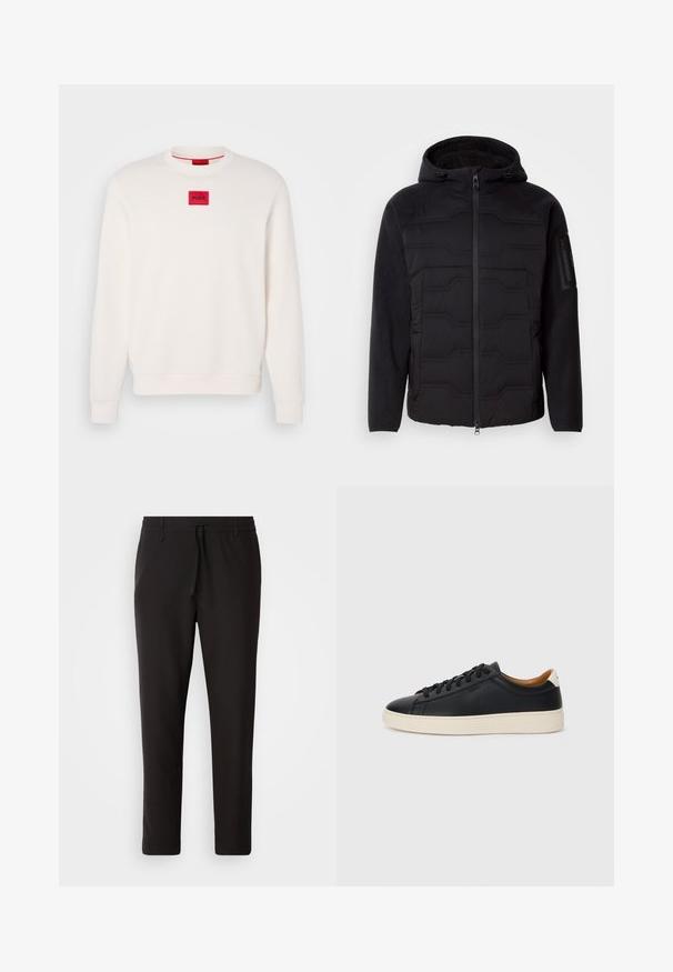 Giacca nera con cappuccio, frontale trapuntato, maniche e foderato in pile, chiusura frontale con zip e tasca con zip sulla manica sinistra.; Felpa color crema con collo a giro, polsini e orlo a coste. Presenta una piccola toppa rettangolare rossa con l'etichetta "HUGO" sul petto.; Pantaloni jogger neri realizzati in tessuto liscio. Presentano una vita elasticizzata con stringa, gambe affusolate e senza tasche visibili. Design semplice.; Sneakers in pelle nera con una texture liscia, suola in gomma beige, design con lacci e un accento del tacco in contrasto.
