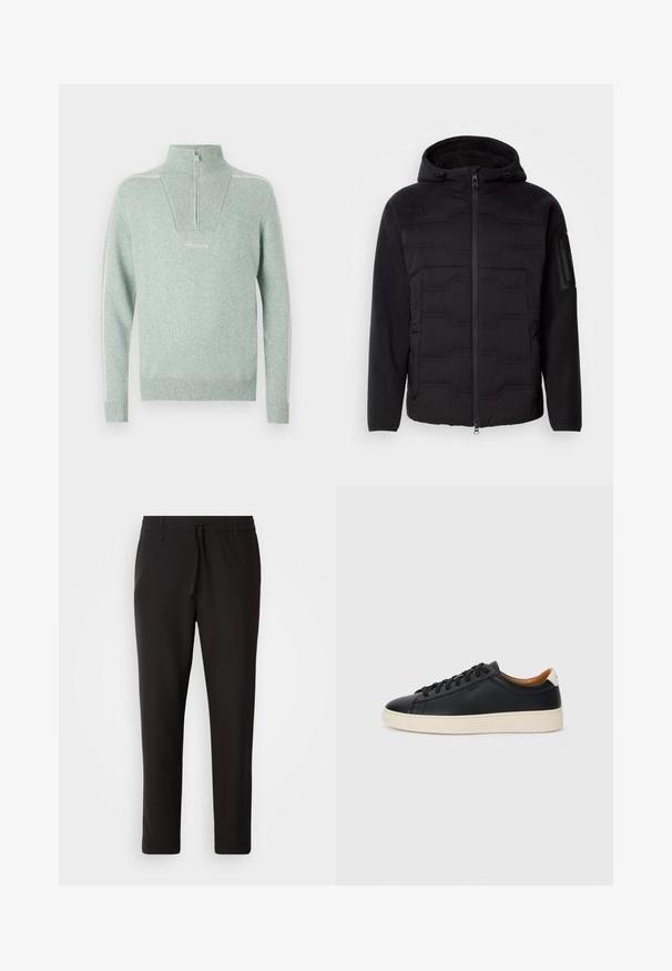 Musta hupullinen takki, jossa on tilkkupintainen etuosa, fleece-hihat ja vuori, etuvetoketju ja vetoketjullinen tasku vasemmassa hihassa.; Vaaleanvihreä neulottu pusero, jossa on korkea kaulus, puoli-vetoketjukiinnitys, ribbitekstuuri ja valkoiset sivuviivat. Etuosassa on logopaino.; Juoksuhousut mustasta sileästä kankaasta. Varustettu elastisella vyötärönauhalla ja nyörillä, supistuvat lahkeet ja ei näkyviä taskuja. Yksinkertainen muotoilu.; Mustat nahkasneakerit, joissa on sileä pinta, beige kumipohja, nauhakiinnitys ja erottuva kanta-aksentti.