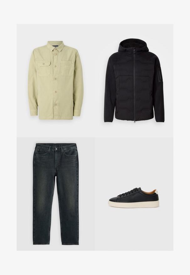 Casaco preto com capuz, frente acolchoada, mangas e forro em fleece, fecho éclair frontal e bolso com fecho éclair na manga esquerda.; Camisa de manga longa verde claro com colarinho, dois bolsos no peito, fecho frontal com botões e um corte descontraído. Feita de tecido texturizado.; Jeans de denim azul-escuro com corte reto, apresentando cinco bolsos, fecho de zip e costura em contraste. Desgaste sutil no tecido.; Tenis de couro preto com uma textura suave, sola de borracha bege, design de atar e um destaque no calcanhar em contraste.