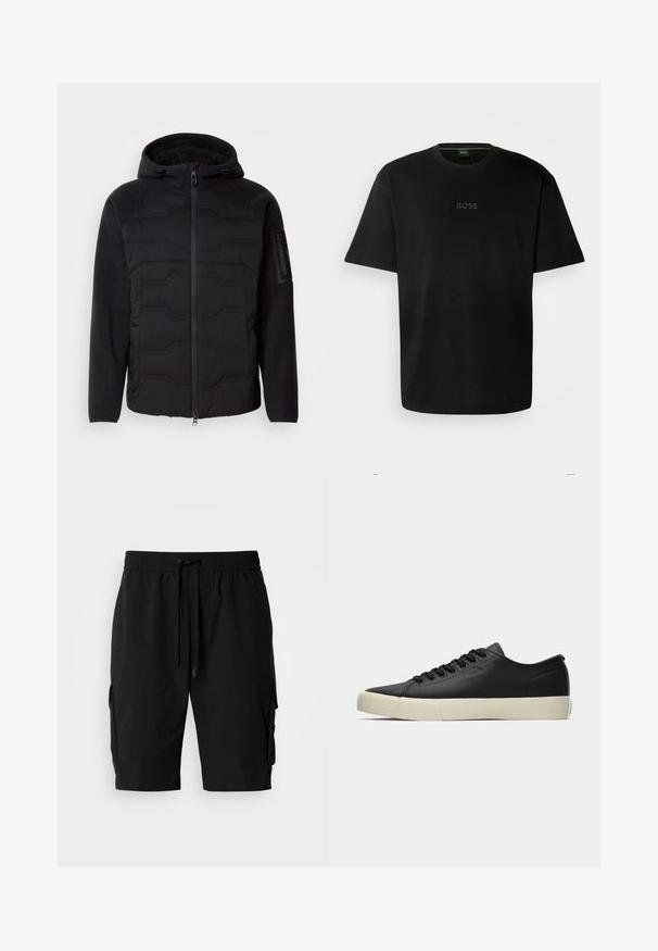 Casaco preto com capuz, frente acolchoada, mangas e forro em fleece, fecho éclair frontal e bolso com fecho éclair na manga esquerda.; T-shirt de algodão preto com decote redondo, mangas curtas e um discreto logotipo "BOSS" em relevo no centro. Design simples e minimalista.; Calças cargo pretas feitas de um tecido leve, com uma cintura elástica, cordão e bolsos laterais para armazenamento adicional.; Sapatilha baixa em couro preto com atacadores pretos e sola de borracha off-white, vista lateral mostrando um discreto logotipo "BOSS".