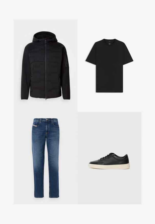 Giacca nera con cappuccio, frontale trapuntato, maniche e foderato in pile, chiusura frontale con zip e tasca con zip sulla manica sinistra.; Maglietta nera a maniche corte realizzata in un morbido misto cotone, con scollatura a girocollo e un design minimalista senza motivi o dettagli.; Jeans in denim blu con taglio dritto, cinque tasche e una leggera scoloritura. Presentano cuciture a contrasto e una chiusura a bottone in vita.; Sneaker in pelle nera a basso profilo con lacci neri e suola avorio, mostrato di profilo su sfondo bianco.