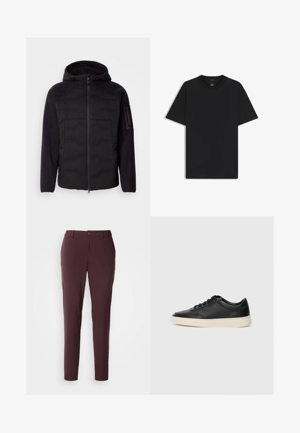 Chaqueta con capucha negra, con frontal acolchado, mangas y forro de fleece, cremallera frontal y bolsillo con cremallera en la manga izquierda.; Camiseta negra de manga corta fabricada con una suave mezcla de algodón, que presenta un cuello redondo y un diseño minimalista sin patrones ni acentos.; Pantalones burdeos de corte slim, con cierre de botón, pasadores para cinturón y textura de tela suave, adecuados para ocasiones informales o formales.; Zapatilla negra de piel de caña baja con cordones negros y suela color crema, mostrada en perfil lateral sobre fondo blanco.