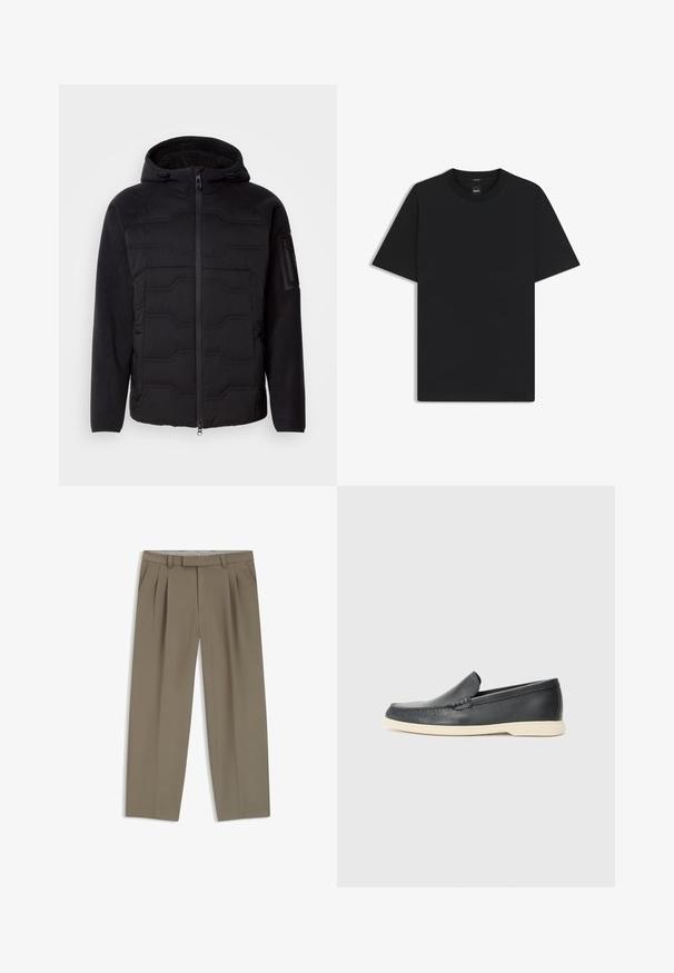 Musta hupullinen takki, jossa on tilkkupintainen etuosa, fleece-hihat ja vuori, etuvetoketju ja vetoketjullinen tasku vasemmassa hihassa.; Musta lyhythiha T-paita, joka on valmistettu sileästä puuvillasekoitteesta. Paita on varustettu pyöreällä pääntiehen ja siinä on minimaalinen muotoilu ilman kuvioita tai yksityiskohtia.; Khaki-väriset skjortihousut, joissa on sivutaskut, bälteshål och rak benstil, som visas platt på en vit bakgrund.; Mustat nahkakengät ilman nauhoja, joissa on teksturoitu pinta ja kontrastoiva beige kumipohja. Kengissä on hillitty yksityiskohta etuosassa.