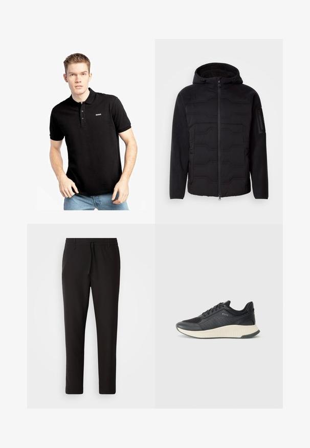 Čierna kapucňová bunda s prešívaným predným dielom, fleecovými rukávmi a podšívkou, predným zipsom a zipsovou vreckom na ľavom rukáve.; Čierna polokošeľa s golierom, krátkymi rukávmi a tromi gombíkmi. Na ľavej strane hrude sa nachádza biele logo "HUGO". Hladký bavlnený materiál.; Čierne jogger nohavice vyrobené z hladkej tkaniny. Majú elastický pás s šnúrkou, zúžené nohavice a žiadne viditeľné vrecká. Jednoduchý dizajn.; Čierne športové tenisky s vrchnou časťou z sieťoviny s perforáciami, textúrovanou medzipodrážkou v krémovej farbe a gumovou podrážkou pre lepšiu trakciu.