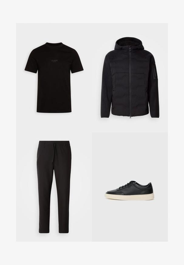 Black hooded jacket with quilted front, fleece sleeves and lining, front zipper, and zippered pocket on left sleeve.; Black short-sleeve t-shirt made of cotton, featuring a crew neckline and front chest logo with "GUESS EST. 1981" in a subtle design.; Black jogger pants made of smooth fabric. Feature an elastic waistband with a drawstring, tapered legs, and no visible pockets. Simple design.; Black low-top leather sneaker with black laces and off-white sole shown in side profile on white background.