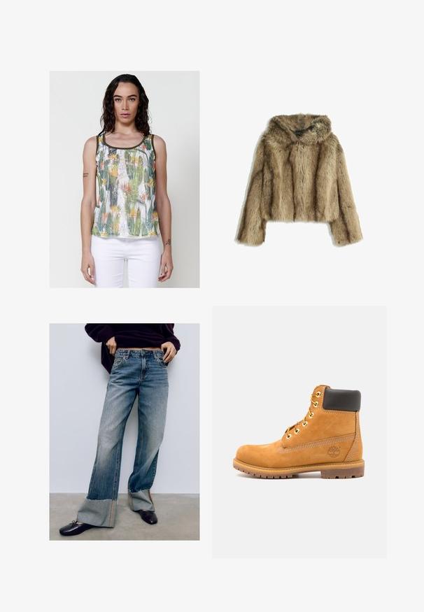 Hnědá umělá kožešinová zkrácená bunda s kapucí, která má měkkou texturu, široké rukávy a jemné vertikální pruhy.; Top bez rukávů s květinovým potiskem a flitry, v bílé barvě s zelenými a oranžovými akcenty. Kulatý výstřih a slim fit.; Světle modré denimové kalhoty širokého střihu s třásněmi na spodním okraji, se kontrastním prošíváním a uvolněným střihem. V kombinaci s tmavými plochými botami.; Hnědá kožená kotníková bota s černým polstrováním, zlatými očky a texturovanou podrážkou. Obsahuje kruhové logo po boku a akcenty v podobě prošívání.