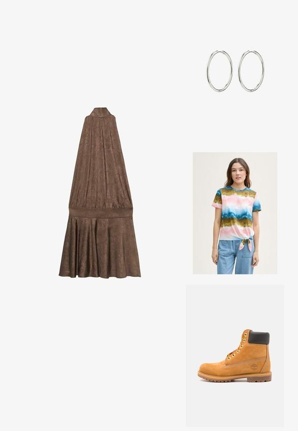 Braune Kunstpelz-Bomberjacke mit Kapuze, die eine weiche Textur, breite Ärmel und subtile vertikale Streifenmuster aufweist.; Mehrfarbiges T-Shirt mit Krawattenverschluss und einem Farbverlaufsmuster in Pink-, Blau- und Grüntönen. Kurze Ärmel und runder Halsausschnitt. Baumwollmischgewebe.; Braunes, ärmelloses Kleid mit hohem Kragen. Verfügt über einen strukturierten Stoff, eine geraffte Brustpartie und einen ausgestellten, gefältelten Rock.; Braune Leder-Stiefelette mit schwarzer Polsterung, goldenen Ösen und einer strukturierten Sohle. Hat ein kreisförmiges Logo an der Seite und Nähakzente.; Silberne Creolen mit einer glatten, polierten Oberfläche. Runde Form, leichtes Design und mit einem sicheren Verschlussmechanismus ausgestattet.