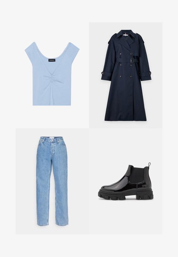 Tommy Hilfiger OVERSIZED - Trenci - desert sky; Top scurt de culoare albastru deschis, realizat dintr-un material moale, cu un în față plisat, decolteu în formă de cerc și margine ondulată în jurul decolteului.; Jeans din denim de culoare albastru deschis, cu un design drept, având un sistem de închidere cu nasture și fermoar, cinci buzunare și un talie de înălțime medie.; Botine Chelsea din piele lacuită neagră, cu panouri elastice pe laterale, talpă texturată chunky și tab pentru prindere la spate pentru a fi ușor de purtat.