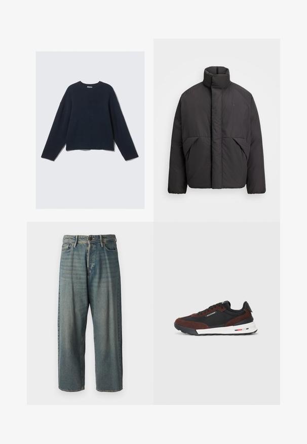 Czarna puchowa kurtka z wysokim kołnierzem, ukrytą z przodu zamkiem błyskawicznym, bocznymi kieszeniami i haftowanym logo na górnej lewej stronie klatki piersiowej.; Granatowy sweter z długim rękawem, z okrągłym dekoltem i lekko opadającymi ramionami, na jednolitym jasnym tle.; Jasnoniebieskie dżinsy o luźnym kroju, średnim stanie i prostych nogawkach. Posiadają pięć kieszeni, szlufki na pasek oraz zapięcie na guzik.; Tommy Hilfiger RETRO RUNNER MIX czarny