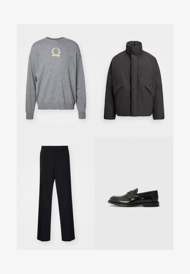 Fekete puffernadrág magas gallérral, rejtett elülső cipzárral, oldalsó zsebekkel és hímzett logóval a bal felső mellkason.; Szürke kötött pulóver kerek nyakkal, sárga hímzett babérmintával a mellrészen és bordázott mandzsettákkal és aljjal.; Fekete, széles szárú, szabott nadrág sima textúrával és éles redőkkel, szőtt anyagból készült.; Fekete bőr loafer kerek orral, díszvarrással és kis elülső hajtókával. Laposságű, minimális sarokkal rendelkező gumi talp.