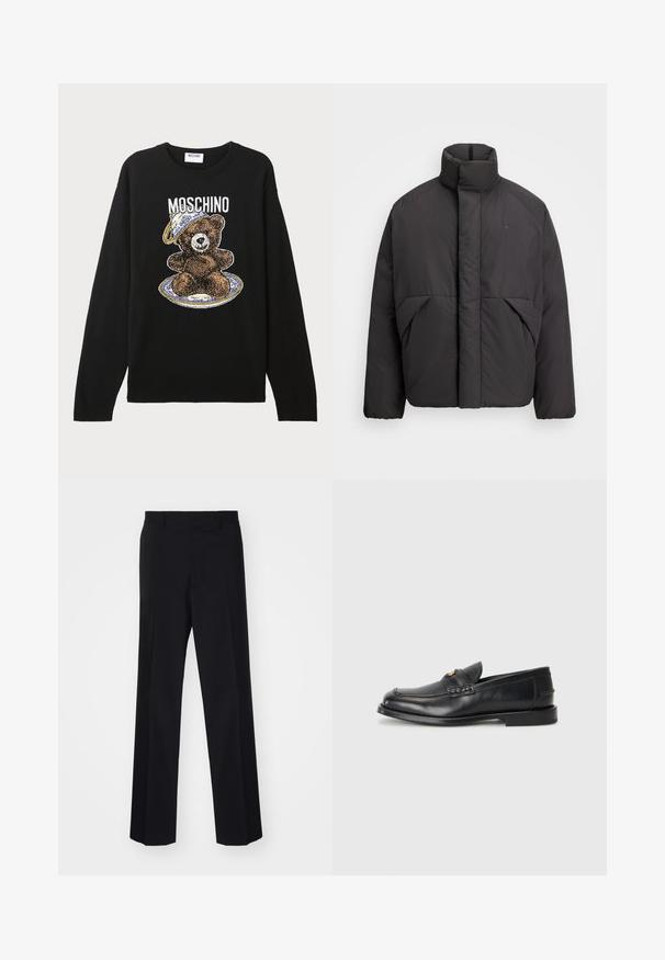 Czarna puchowa kurtka z wysokim kołnierzem, ukrytą z przodu zamkiem błyskawicznym, bocznymi kieszeniami i haftowanym logo na górnej lewej stronie klatki piersiowej.; Czarny sweter z dzianiny z grafiką niedźwiedzia w czapce, otoczoną wzorem talerza. Nad niedźwiedziem znajduje się napis "MOSCHINO".; Czarne spodni z szerokimi nogawkami, charakteryzujące się gładką teksturą i wyraźnymi fałdami, wykonane z tkaniny tkanej.; Czarne skórzane mokasyny mają okrągły nos, przeszycia oraz mały złoty akcent z przodu. Podeszwa jest płaska i dyskretna.