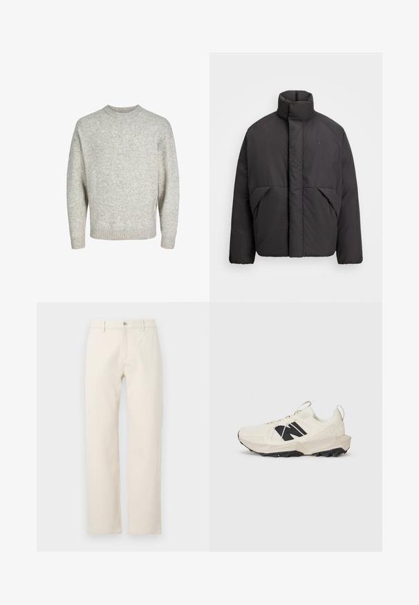 Crna puffer jakna s visokim ovratnikom, skrivenim prednjim patentnim zatvaračem, bočnim džepovima i izvezenim logotipom na gornjem lijevom prsnom dijelu.; Svijetlosivi pleteni pulover s okruglim izrezom, spuštenim ramenima i rebrastim manžetama, koji ima teksturiranu, blago dlačastu površinu.; Kremaste traperice ravnog kroja od pamuka, s kopčanjem na gumb, petljama za remen i jednostavnom teksturom bez uzoraka.; Svijetlosmeđi tenisice s gornjim dijelom od mrežastog materijala, crnim logom i teksturiranom potplatom. Naglašene geometrijskim uzorkom na srednjem potplatu.