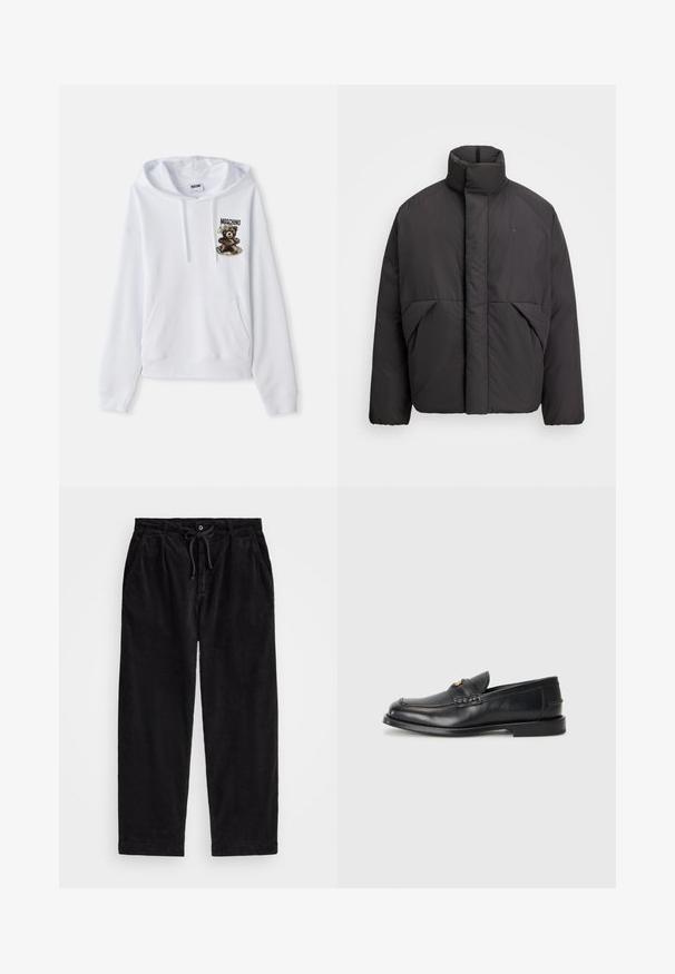 Černá prošívaná bunda s vysokým límcem, skrytým předním zipem, bočními kapsami a vyšívaným logem na levém horním prsu.; Bílá mikina s kapucí a přední kapsou, s tkaničkami a grafikou medvěda s textem. Vyrobena z měkkého materiálu, má žebrované manžety a spodní lem.; Černé kordové kalhoty s volným střihem, vybavené elastickým pasem se šňůrkou a bočními kapsami. Tkanina má jemně rýhovanou strukturu.; Černé kožené loafers mají zaoblenou špičku, šité detaily a malý zlatý akcent na přední straně. Podešev je plochá a nenápadná.