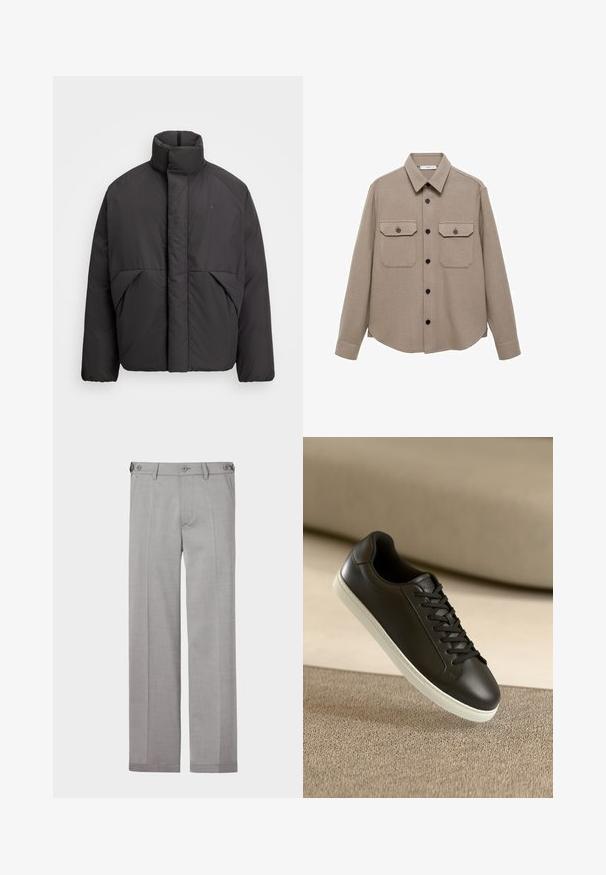 Czarna puchowa kurtka z wysokim kołnierzem, ukrytą z przodu zamkiem błyskawicznym, bocznymi kieszeniami i haftowanym logo na górnej lewej stronie klatki piersiowej.; Beżowa koszula-kurtka wykonana z miękkiego materiału, z klasycznym kołnierzykiem, długimi rękawami, dwiema kieszeniami na piersi i zapięciem na guziki z przodu.; Szare, dopasowane spodnie o prostym kroju, wykonane z gładkiego materiału. Posiadają dwie przednie kieszenie oraz podwójne zapięcie na guziki w pasie.; Czarne skórzane sneakersy z białą gumową podeszwą i czarnymi sznurowadłami, umieszczone na beżowej tkaninie w tle.