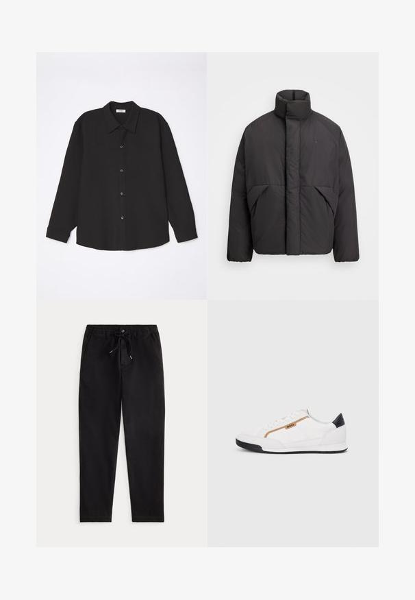 Schwarze Pufferjacke mit hohem Kragen, verdecktem Front-Reißverschluss, Seitentaschen und gesticktem Logo auf der linken oberen Brust.; sandro JOKER - Hemd - noir; Schwarze Freizeit-Hosen mit elastischem Bund, Kordelzug, vorderem Knopf und seitlichen Taschen, auf einem einfarbigen Hintergrund präsentiert.; Weiße Sportschuhe mit Mesh- und Lederelementen. Ausgestattet mit einem goldenen "BOSS"-Logo, strukturierten Seitenpaneelen und einer schwarzen Fersenkappe. Gummisohle.