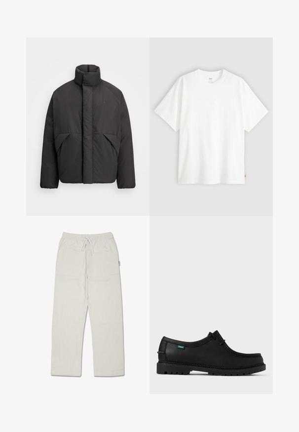Czarna puchowa kurtka z wysokim kołnierzem, ukrytą z przodu zamkiem błyskawicznym, bocznymi kieszeniami i haftowanym logo na górnej lewej stronie klatki piersiowej.; Biała koszulka z krótkim rękawem wykonana z bawełny, z okrągłym dekoltem. Posiada subtelny wytłoczony logo z przodu oraz czerwoną metkę na dolnym brzegu.; Jasnoszare, luźne spodnie wykonane z teksturowanej tkaniny z elastycznym pasem i regulowanym sznurkiem; posiadają kieszenie boczne.; Czarny skórzany but o niskim profilu, okrągłym nosku i teksturowanej podeszwie. Posiada zieloną metkę "POLO" oraz kontrastowe szwy wzdłuż krawędzi.