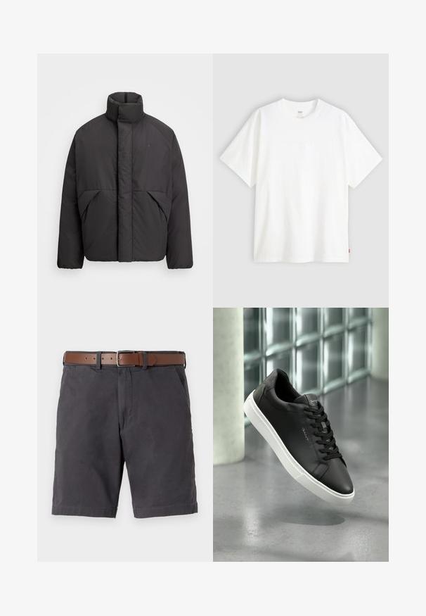 Giacca a vento nera con colletto alto, zip frontale nascosta, tasche laterali e logo ricamato sulla parte superiore sinistra del petto.; T-shirt bianco a maniche corte in cotone con collo rotondo. Presenta un discreto dettaglio logo in rilievo sulla parte frontale e un'etichetta rossa sull'orlo.; Shorts in cotone grigio scuro con cintura in pelle marrone, tasche frontali e dettagli cuciti sull'orlo.; Sneaker in pelle nera con suola in gomma bianca, punta rotonda e lacci. Presenta una texture liscia e un branding discreto sulla linguetta.