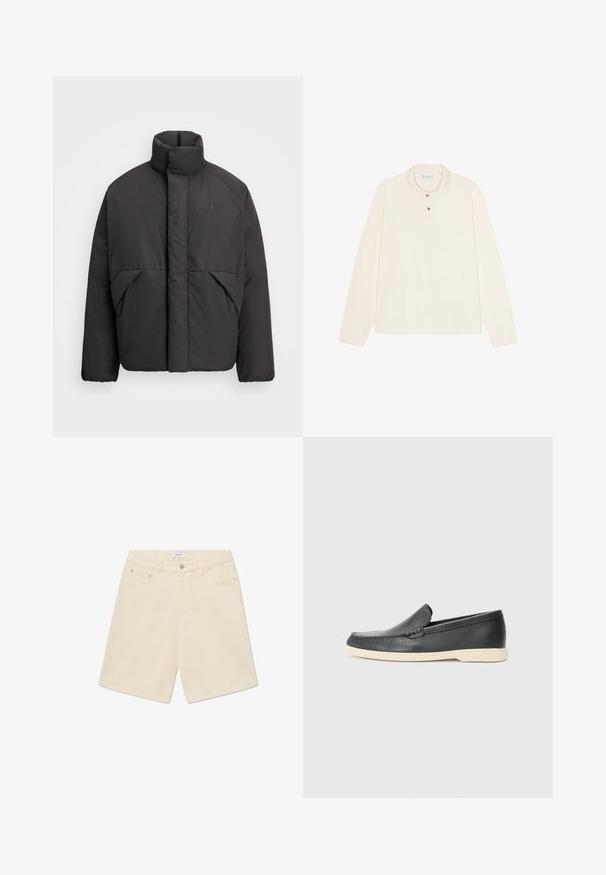 Black puffer jacket with high collar, concealed front zipper, side pockets, and embroidered logo on the upper left chest.; Long-sleeve polo shirt in cream, featuring a flat collar, three-button placket with gold-tone buttons, and a soft, textured fabric.; Beige denim shorts with a straight cut, five pockets, and a branded label at the waistband. Features button and zip closure.; Black leather slip-on loafers with a textured finish and a contrasting beige rubber sole. Features a subtle accent along the front.