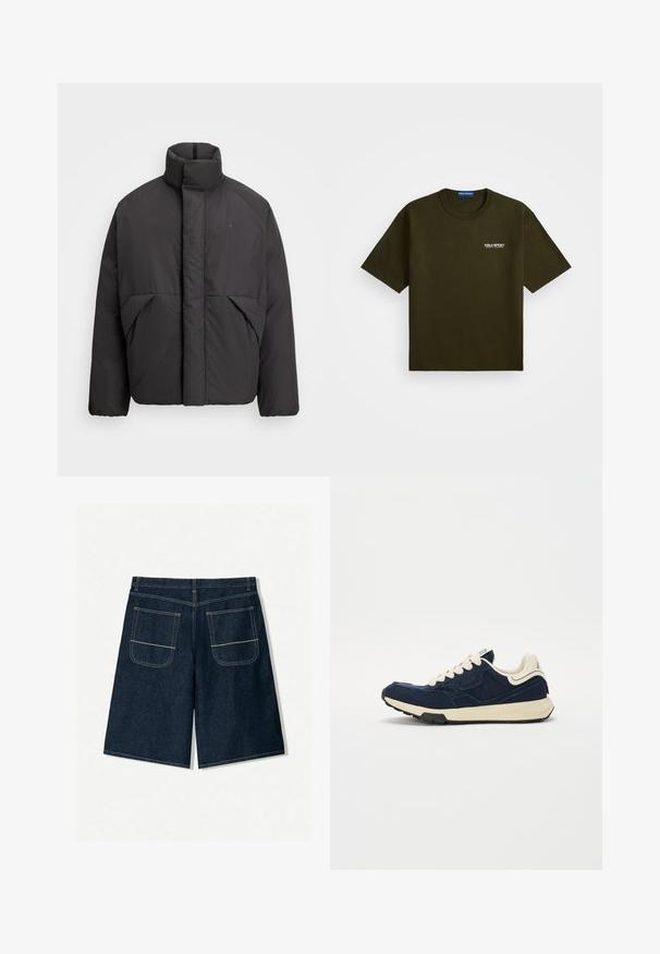 Črna napihnjena jakna s visokim ovratnikom, skritim sprednjim zadrgo, stranskimi žepi in vezenim logotipom na zgornjem levem prsnem delu.; Temno olivno zelena kratka majica s kratkimi rokavi, okroglim izrezom in majhnim belim logotipom "Polo Sport Ralph Lauren" na levi strani prsnega dela.; Temno modri denim kratki hlače z ohlapnim krojem, ki imajo dva zadnja žepa s kontrastnim šivom. Ravninasti kroj in dolžina do kolen.; Temno modra teniska z teksturiranim zeko usnjem, kremnimi vezalkami in bež podplatom. Ima klasičen športni dizajn in gumijast podplat.