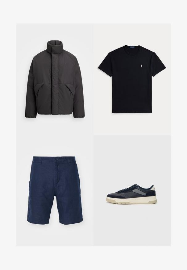 Black puffer jacket with high collar, concealed front zipper, side pockets, and embroidered logo on the upper left chest.; Black cotton t-shirt featuring a crew neckline, short sleeves, and a small embroidered logo on the left chest. Smooth texture.; Navy blue linen shorts with a button closure, straight-cut design, smooth texture, and minimalistic style.; BOSS BALTIMORE - Trainers - open blue