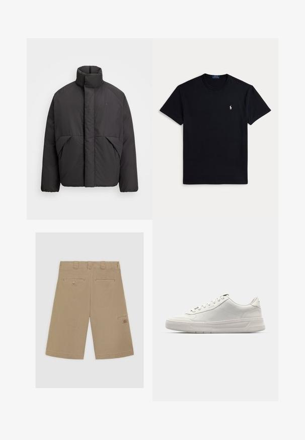 Svart puffjacka med hög krage, dold framdragkedja, sidofickor och broderad logotyp på vänster bröst.; Svart bomulls-T-shirt med rund halsringning, korta ärmar och en liten broderad logga på vänster bröst. Mjuk textur.; Ljusbruna shorts med rak framdel, två bakfickor och en sidoficka i cargo-stil. Tillverkade av mjukt bomullstyg.; Vita sneakers med en slät läderöverkant, rund tå, snörning och en tjock gummisula. Subtil logotyp på sidan.